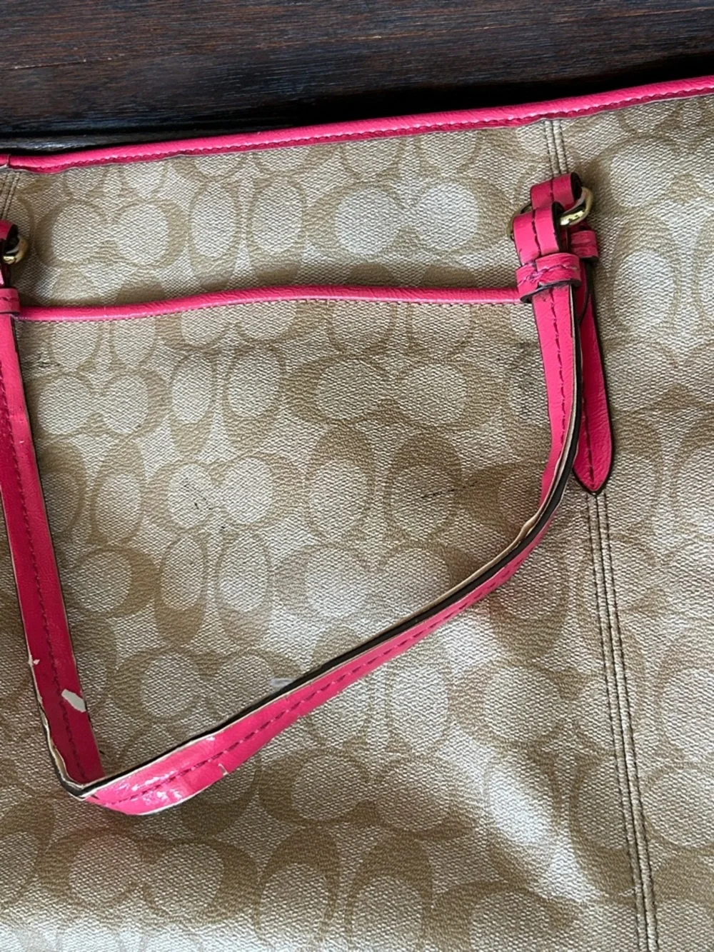 Coach Tan Signature Canvas Tote with Pink Trim and Handles